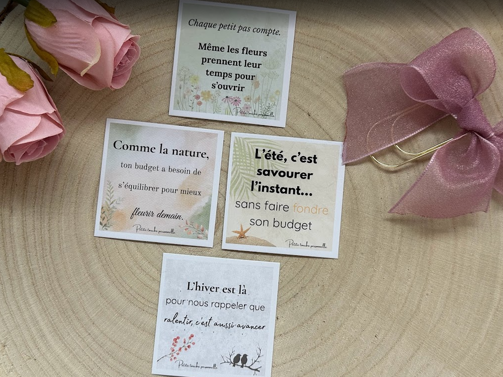 Cartes citation saisonnières – Pour enveloppes budget, planner ou journaling – Printemps, Été, Automne, Hiver (à l’unité ou lot de 4)
