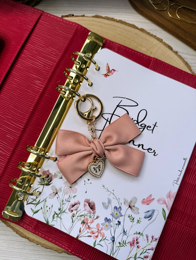 Porte-clés ruban élégant avec pendentif cœur et perle | Accessoire raffiné pour clés, sac ou classeur budget