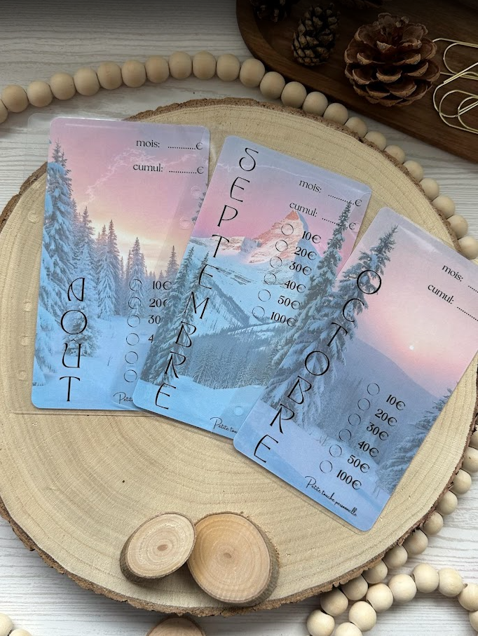 Challenge annuel “Rêve enneigé” ❄️ – 12 trackers A6 pour économiser pas à pas et réaliser tes projets