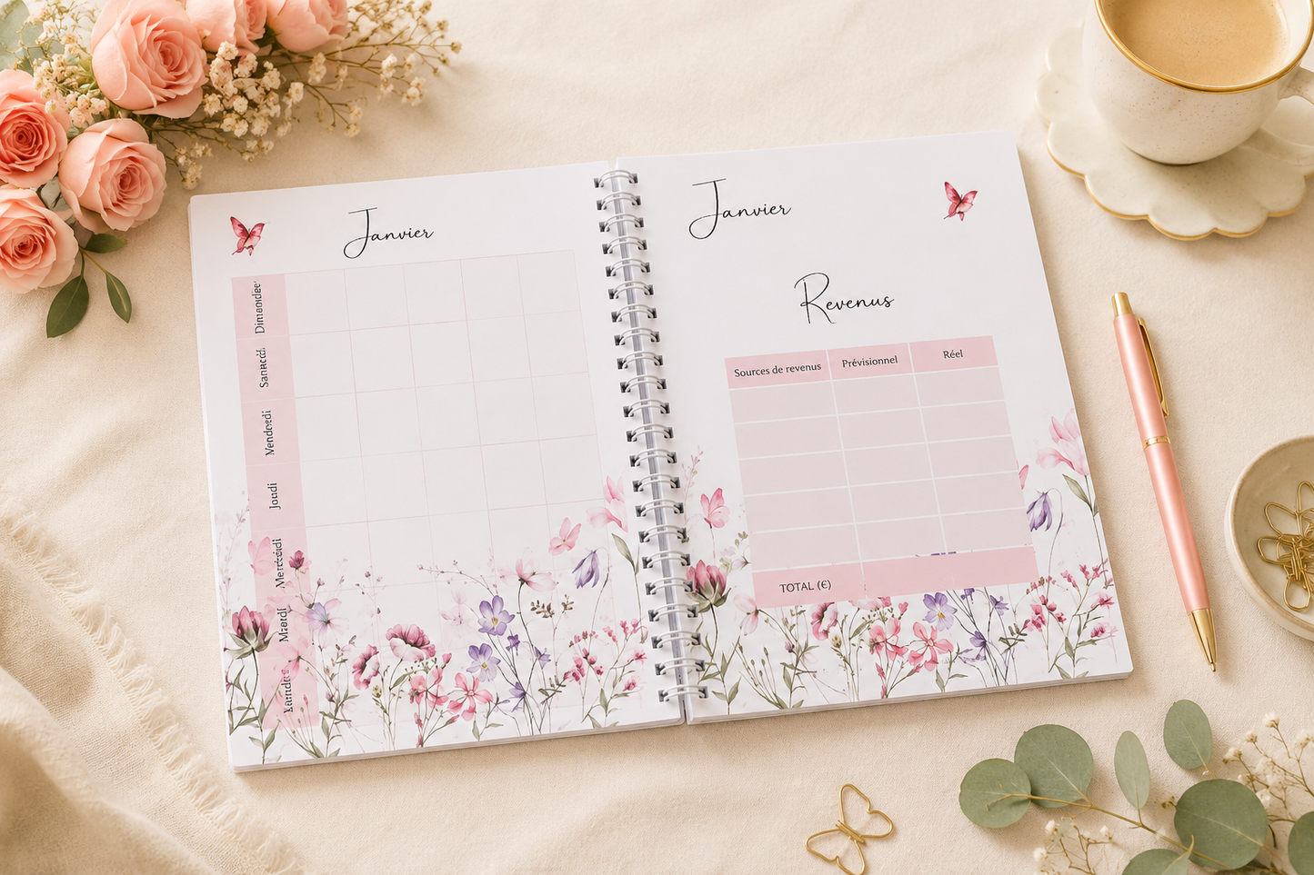 Budget Planner 2026 /2027– Collection Lilie | Agenda financier A5 à spirale pour suivre revenus, dépenses & épargne