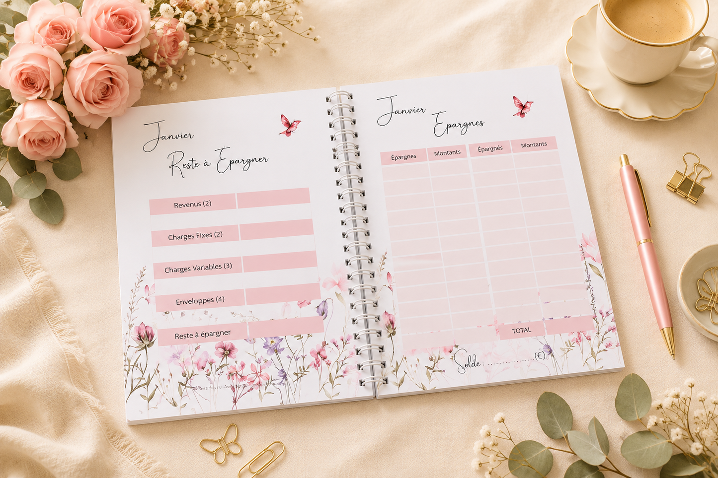 Budget Planner 2026 /2027– Collection Lilie | Agenda financier A5 à spirale pour suivre revenus, dépenses & épargne
