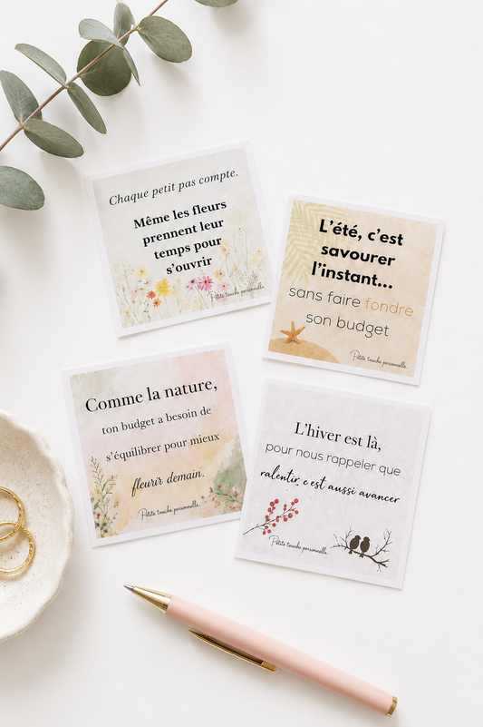 Cartes citation saisonnières – Pour enveloppes budget, planner ou journaling – Printemps, Été, Automne, Hiver (à l’unité ou lot de 4)