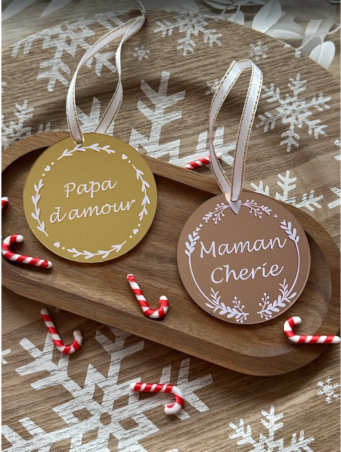 Boule de Noël personnalisée – Texte au choix – Effet miroir doré ou rose gold