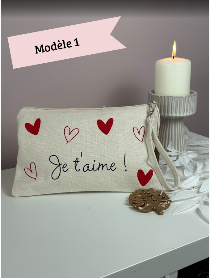 Pochette “Je t’aime” avec dragonne – 2 modèles – Coton épais