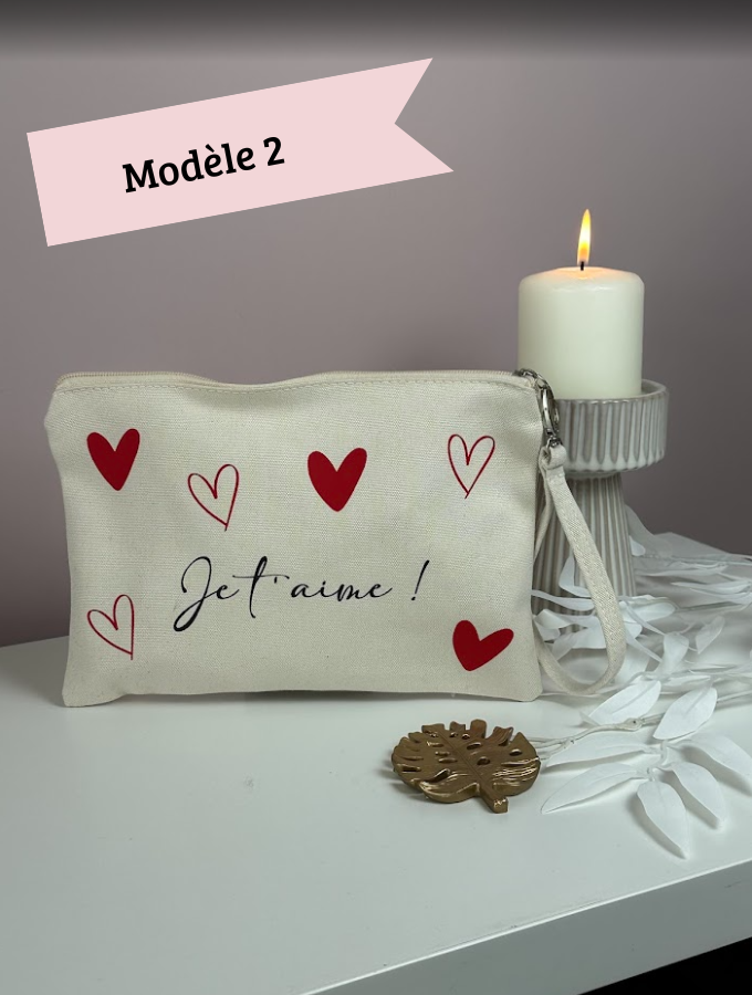 Pochette “Je t’aime” avec dragonne – 2 modèles – Coton épais