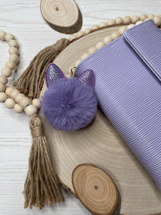 Porte-clés pompon violet oreilles scintillantes – Fourrure synthétique douce et décorative